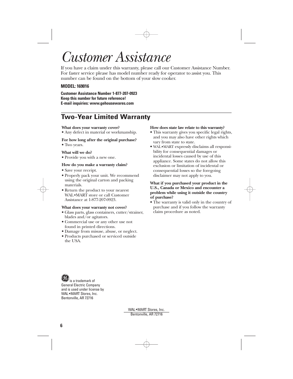 Customer assistance, Two-year limited warranty | GE 169016 User Manual | Page 6 / 6