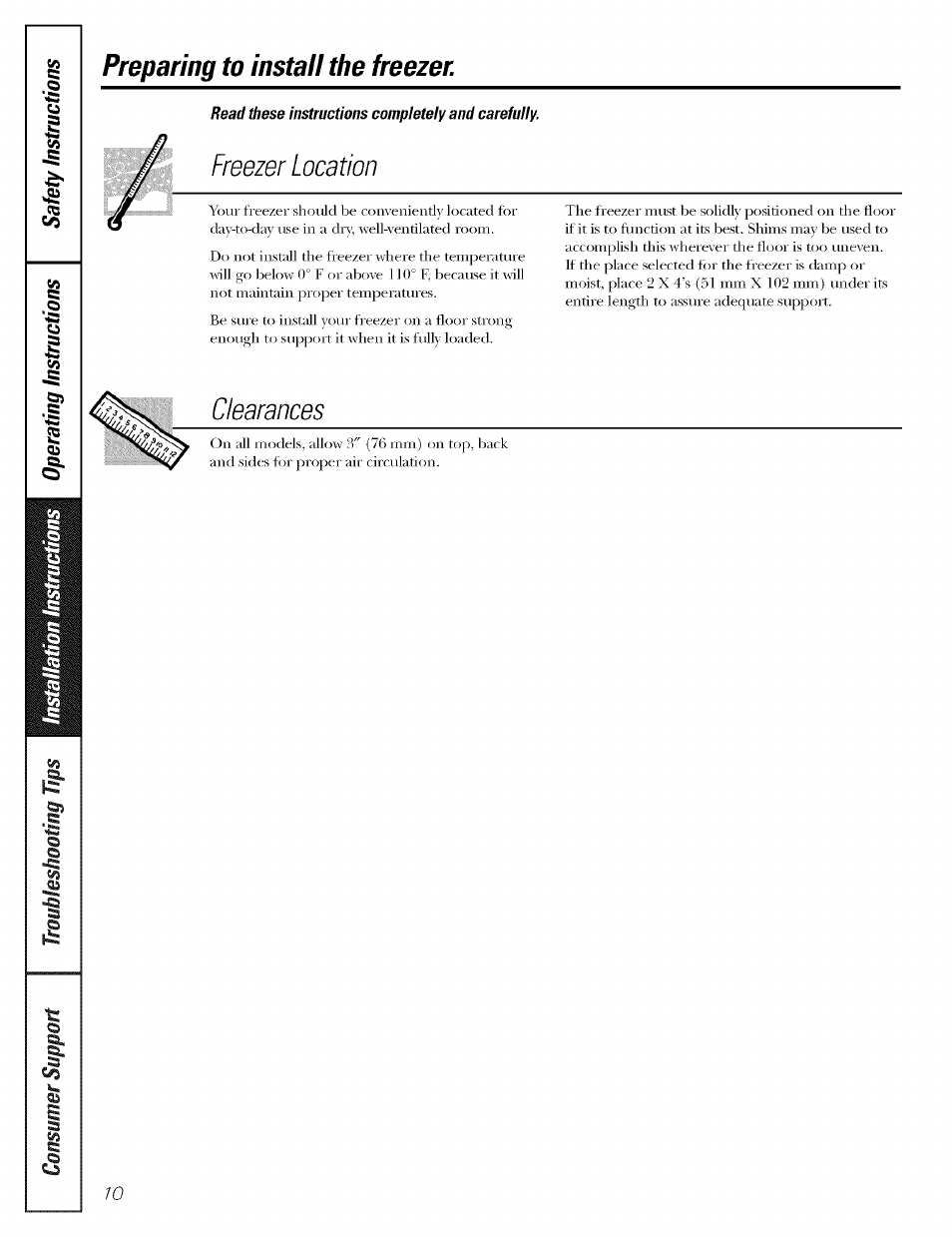 Preparing to install the freezer, Freezer location, Clearances | GE OEFROST FCM5 User Manual | Page 10 / 16