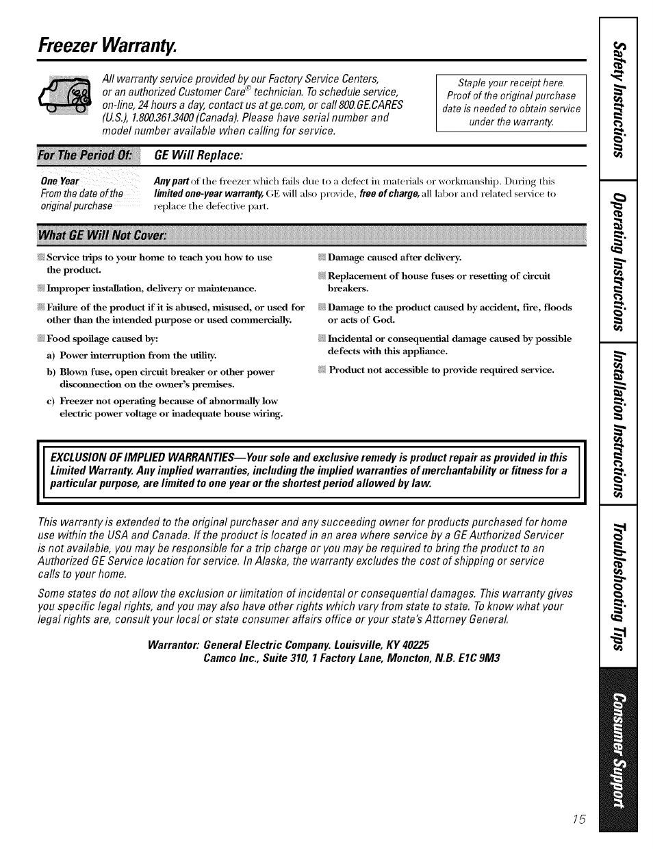 Freezer warranty | GE OEFROST FCM5 User Manual | Page 15 / 16