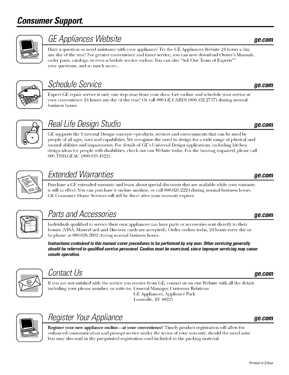 Consumer support, Ge appliances website, Ge.com | Schedule service, Heal life design studio, Extended warranties, Parts and accessories, Contact us, Register your appliance | GE OEFROST FCM5 User Manual | Page 16 / 16