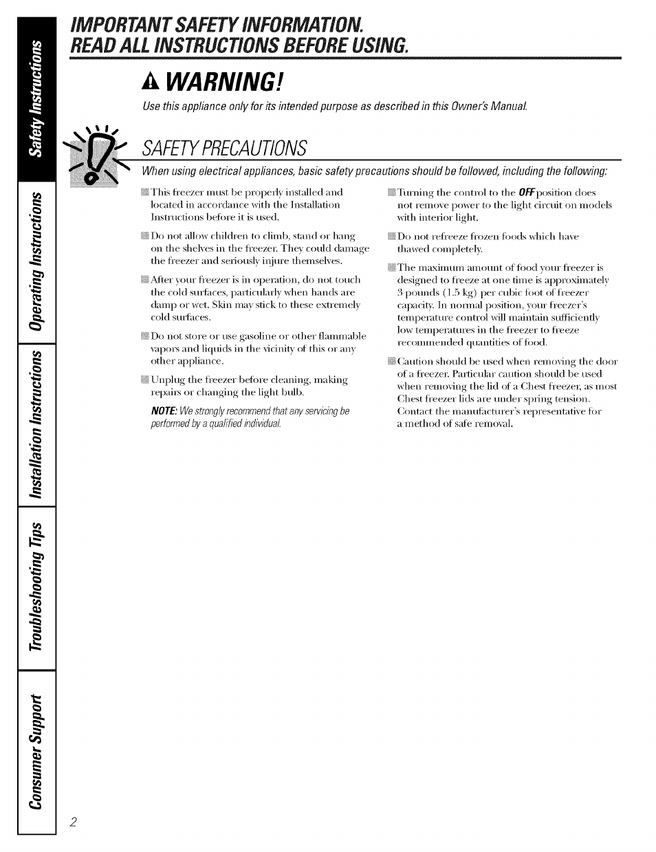 Warning, Safety precautions | GE OEFROST FCM5 User Manual | Page 2 / 16