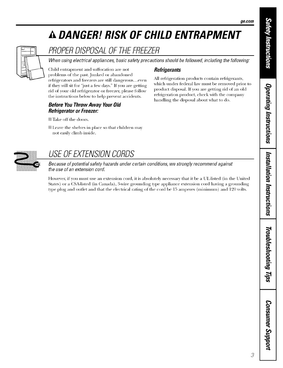 Danger! risk of child entrapment, Proper disposal of the freezer, Use of extension cords | GE OEFROST FCM5 User Manual | Page 3 / 16