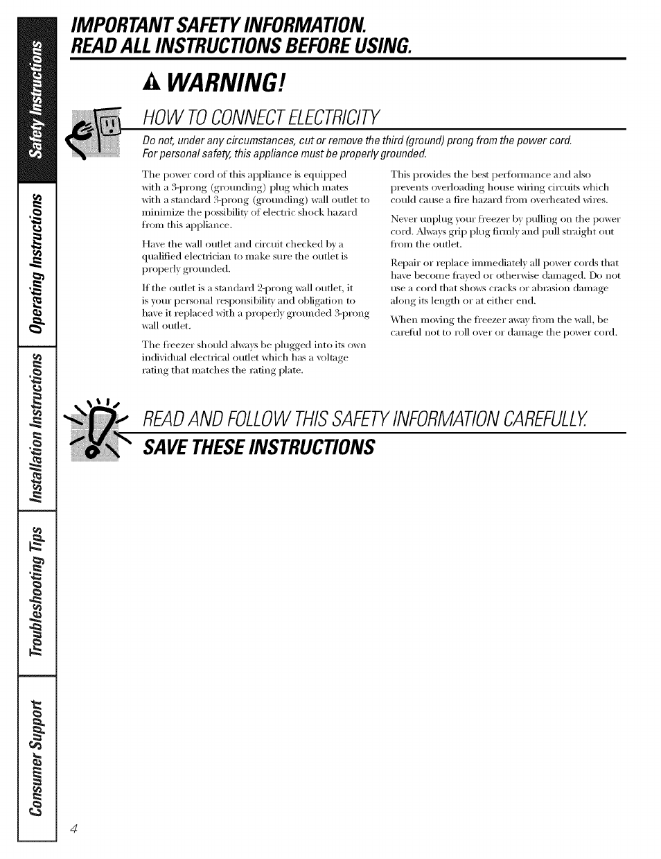 How to connect electricity, Read and follow this safety information carefully, Warning | GE OEFROST FCM5 User Manual | Page 4 / 16
