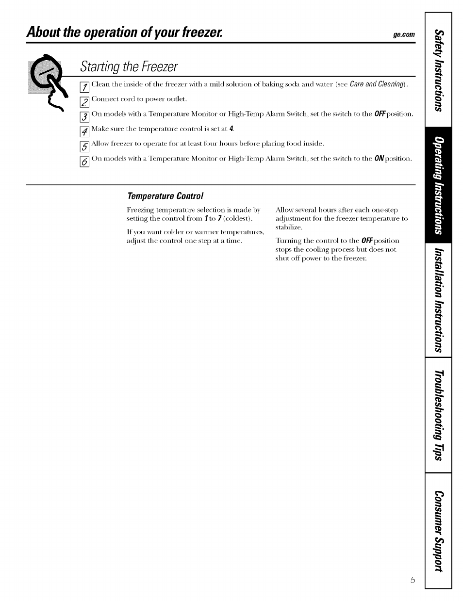 About the operation of your freezer, Starting the freezer | GE OEFROST FCM5 User Manual | Page 5 / 16