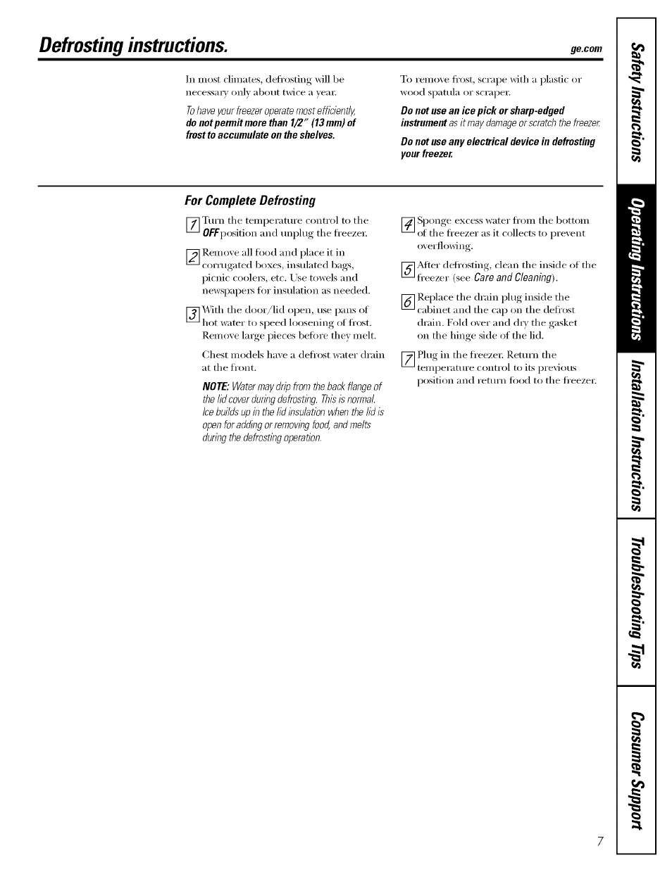 Defrosting instructions | GE OEFROST FCM5 User Manual | Page 7 / 16