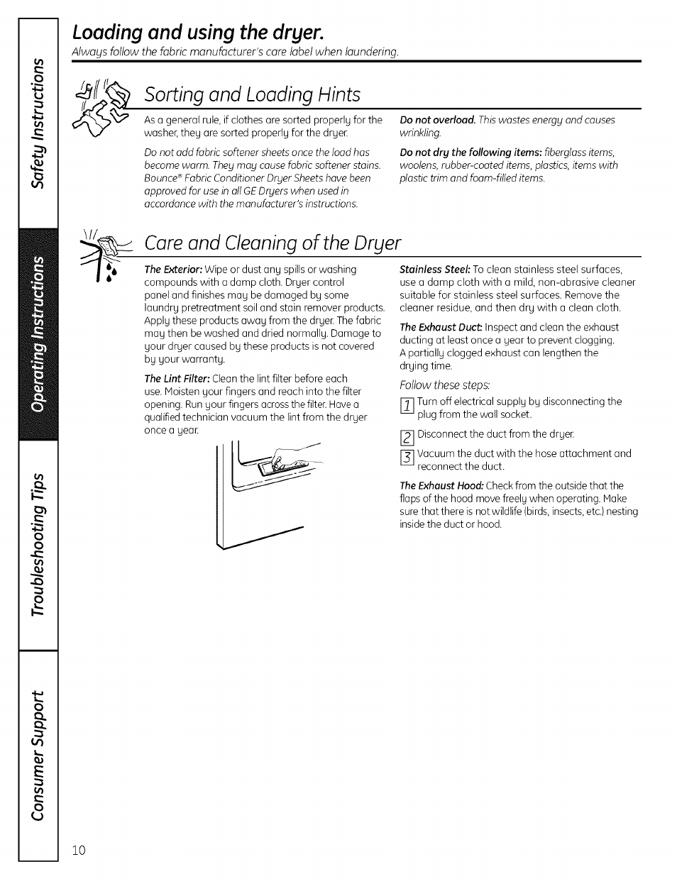 Care and cleaning of the dryer, Porting and loading hints, Loading and using the dryer | GE DRSR495 User Manual | Page 10 / 16