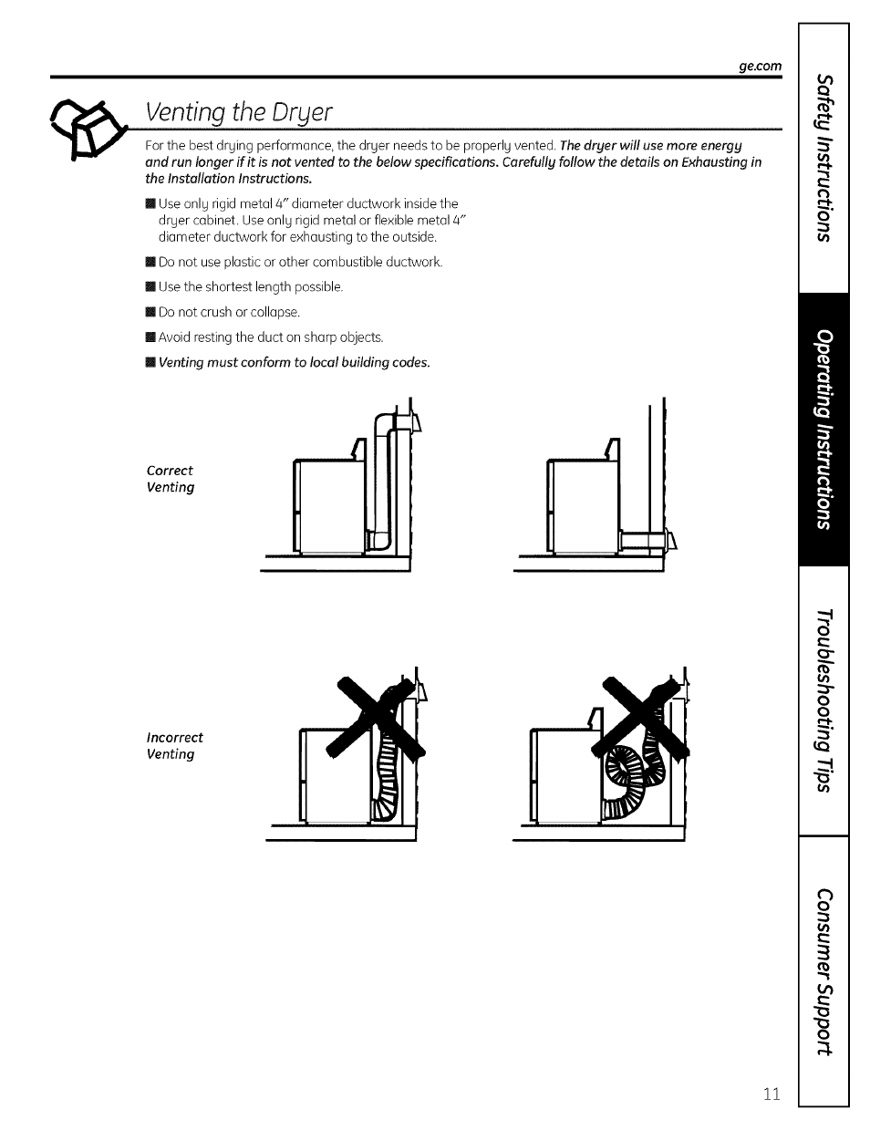 Venting the dryer | GE DRSR495 User Manual | Page 11 / 16