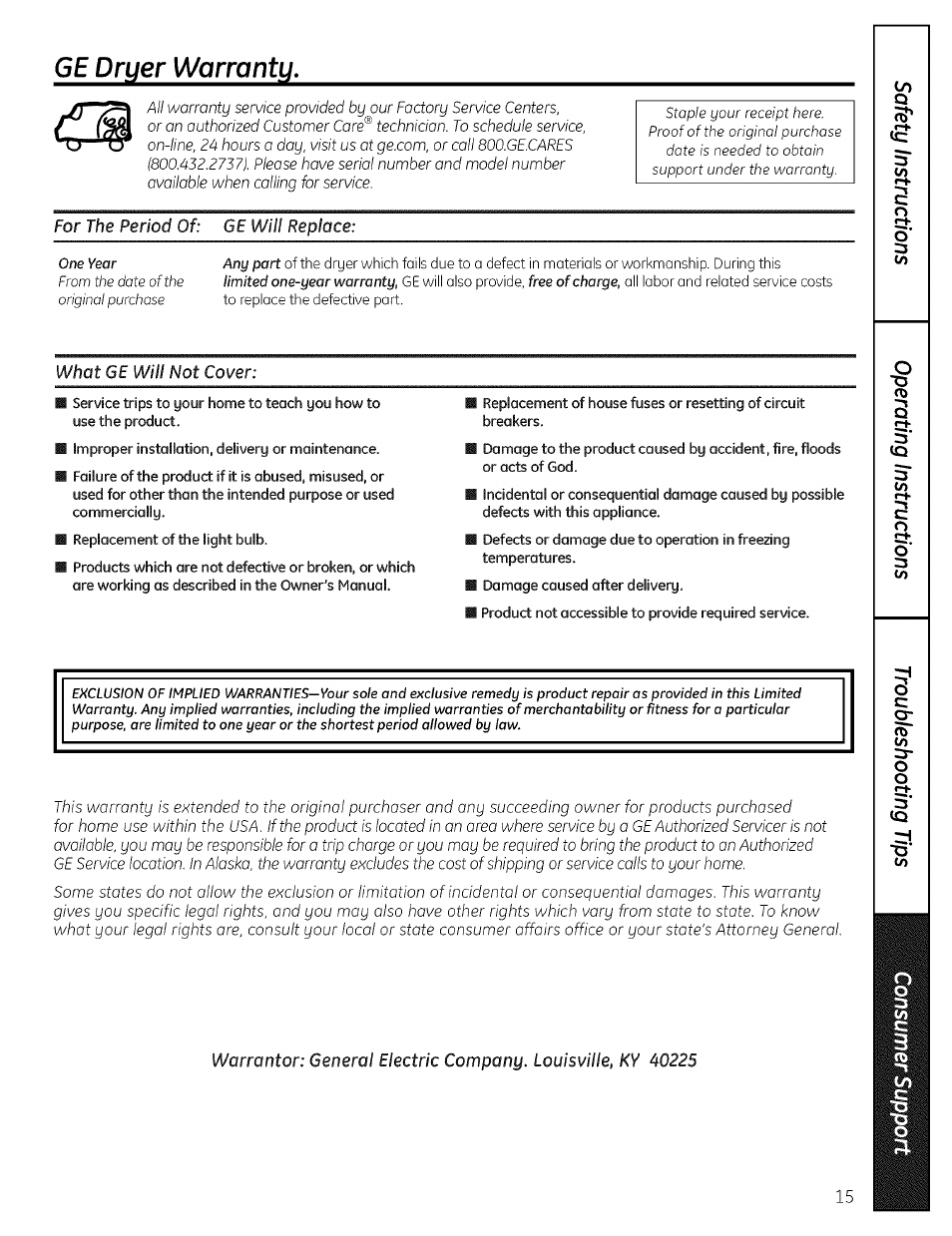 Dryer warranty, Oc o | GE DRSR495 User Manual | Page 15 / 16