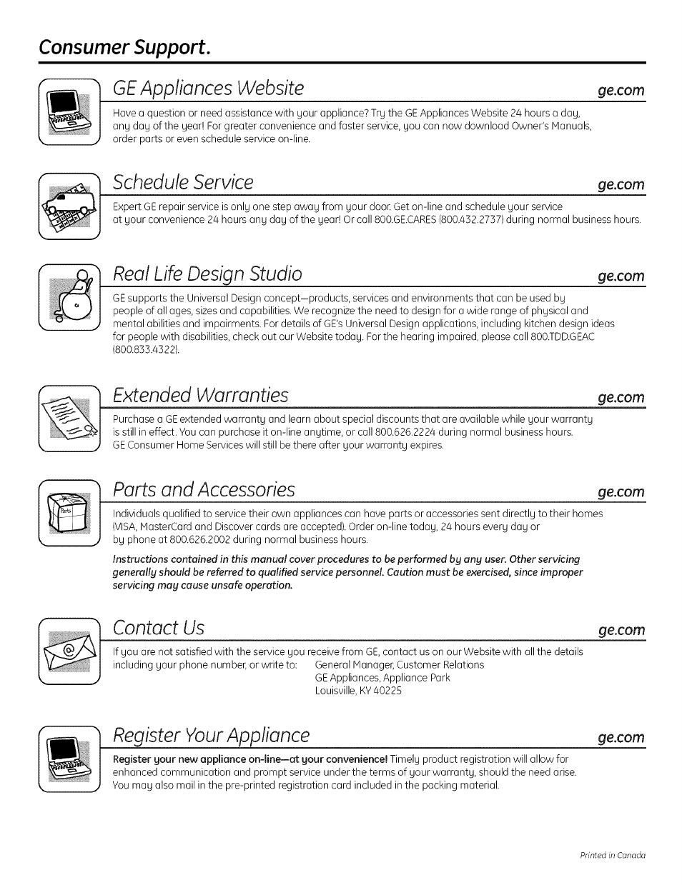 Ge appliances website, Schedule service, Real life design studio | Extended warranties, Ports and accessories, Contact us, Register your appliance, Consumer support | GE DRSR495 User Manual | Page 16 / 16