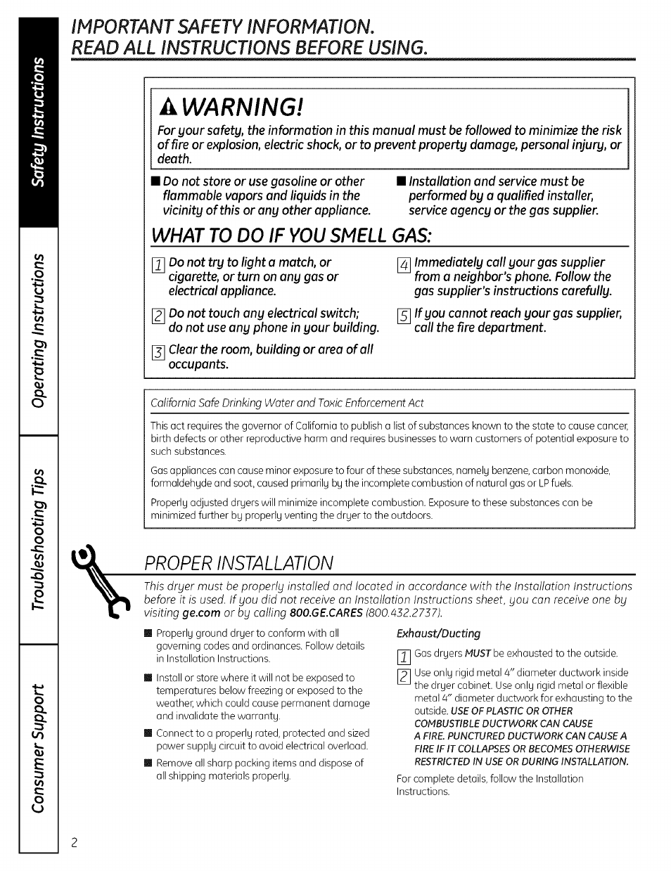 Awarning, Proper installation, What to do if you smell gas | GE DRSR495 User Manual | Page 2 / 16