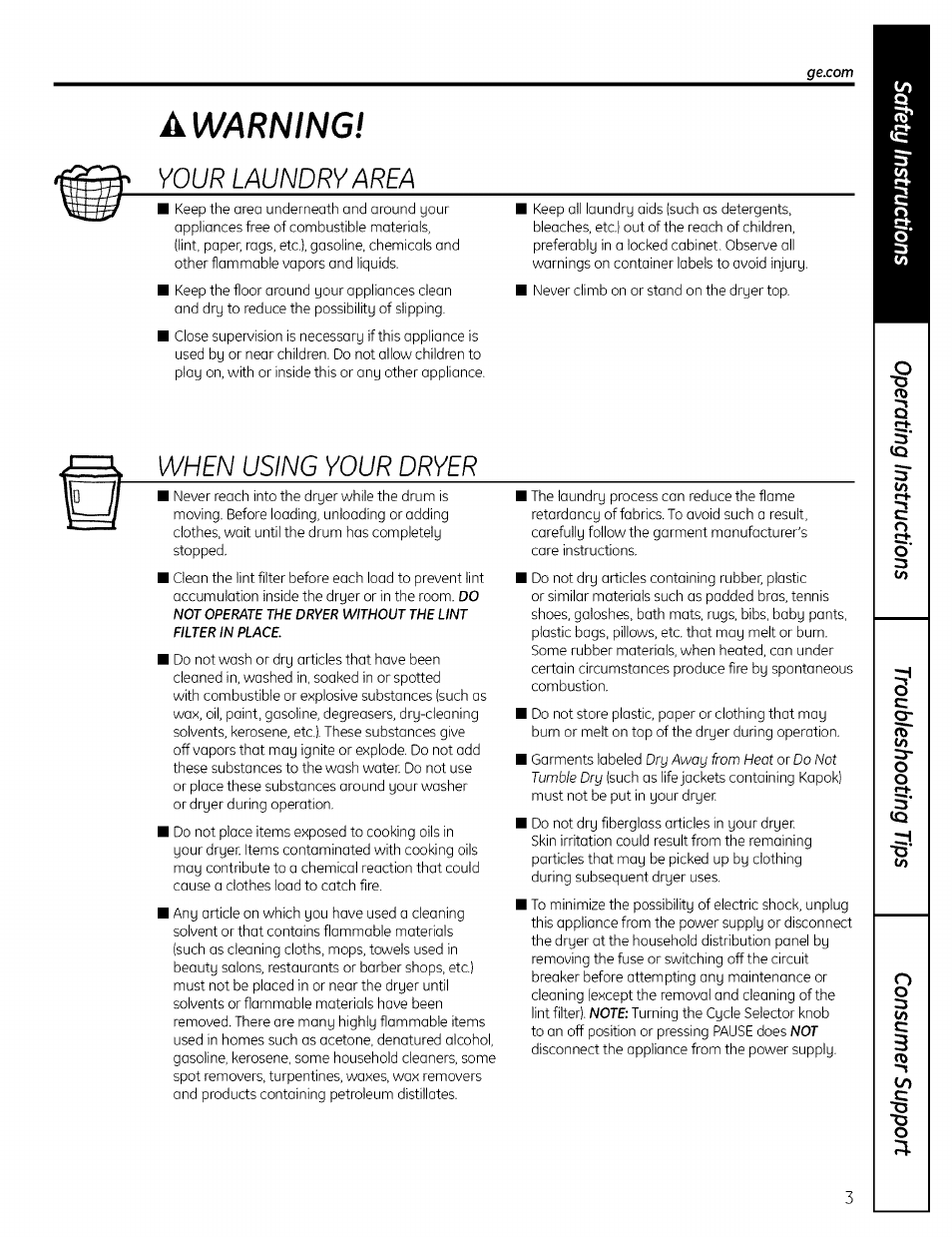 A warning, Your laundry area, When using your dryer | Warning | GE DRSR495 User Manual | Page 3 / 16