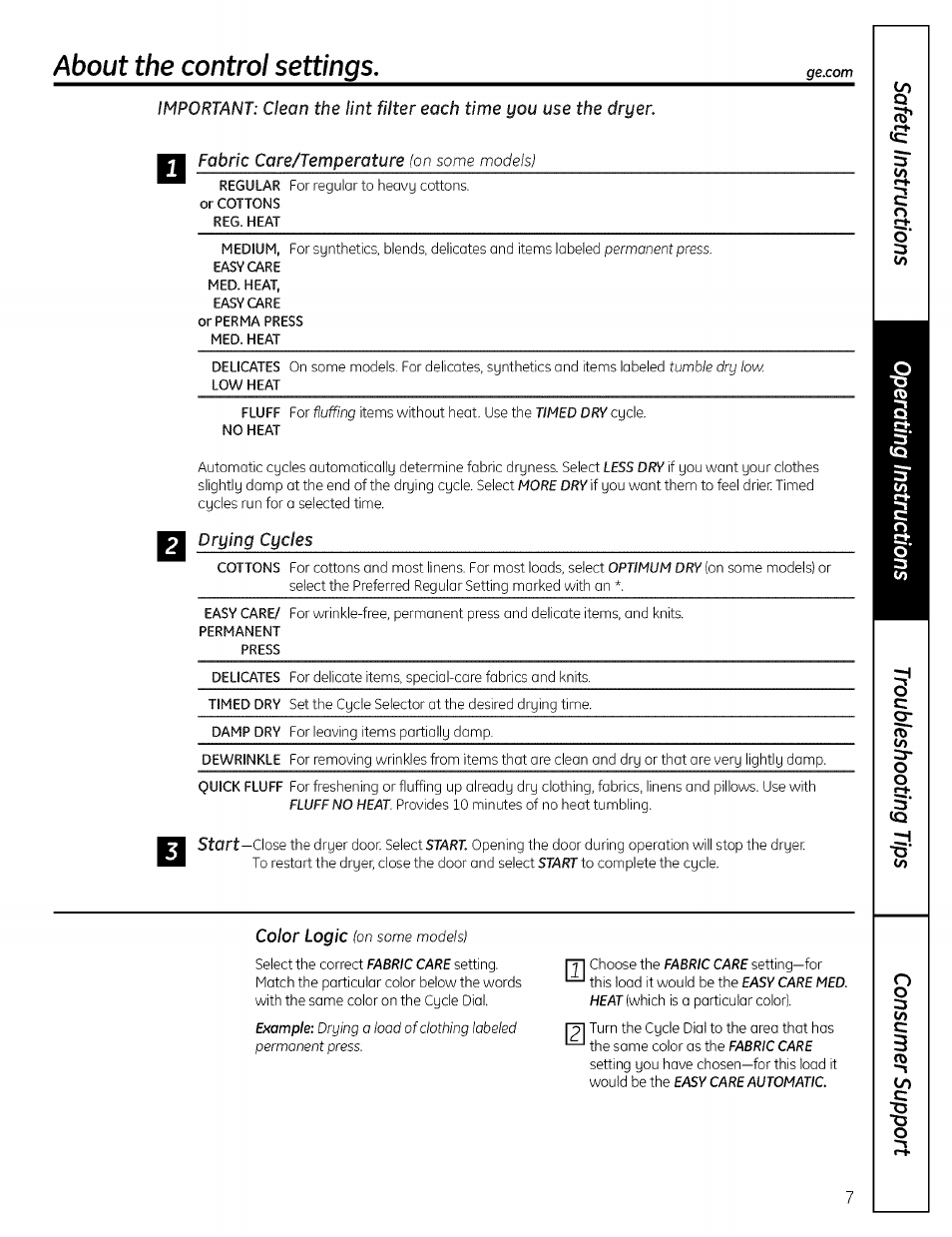 Fabric care/temperature (on some models), Drying cycles, About the control settings | GE DRSR495 User Manual | Page 7 / 16