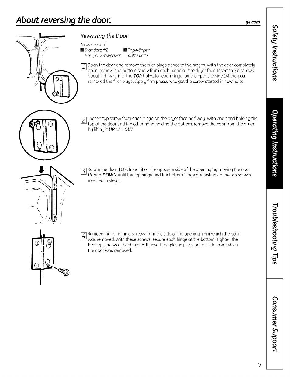 About reversing the door | GE DRSR495 User Manual | Page 9 / 16