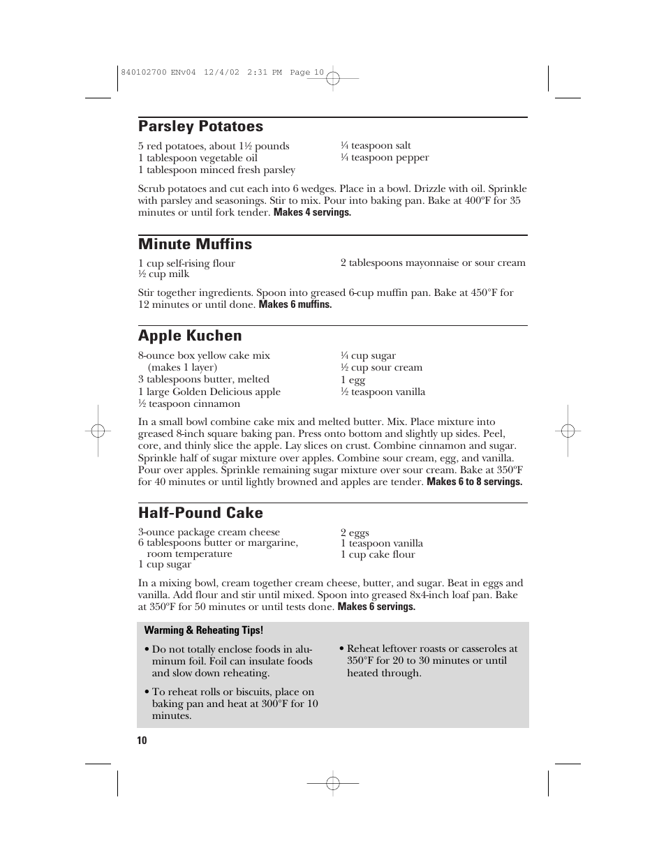 Minute muffins, Apple kuchen, Half-pound cake | Parsley potatoes | GE 106686 User Manual | Page 10 / 24