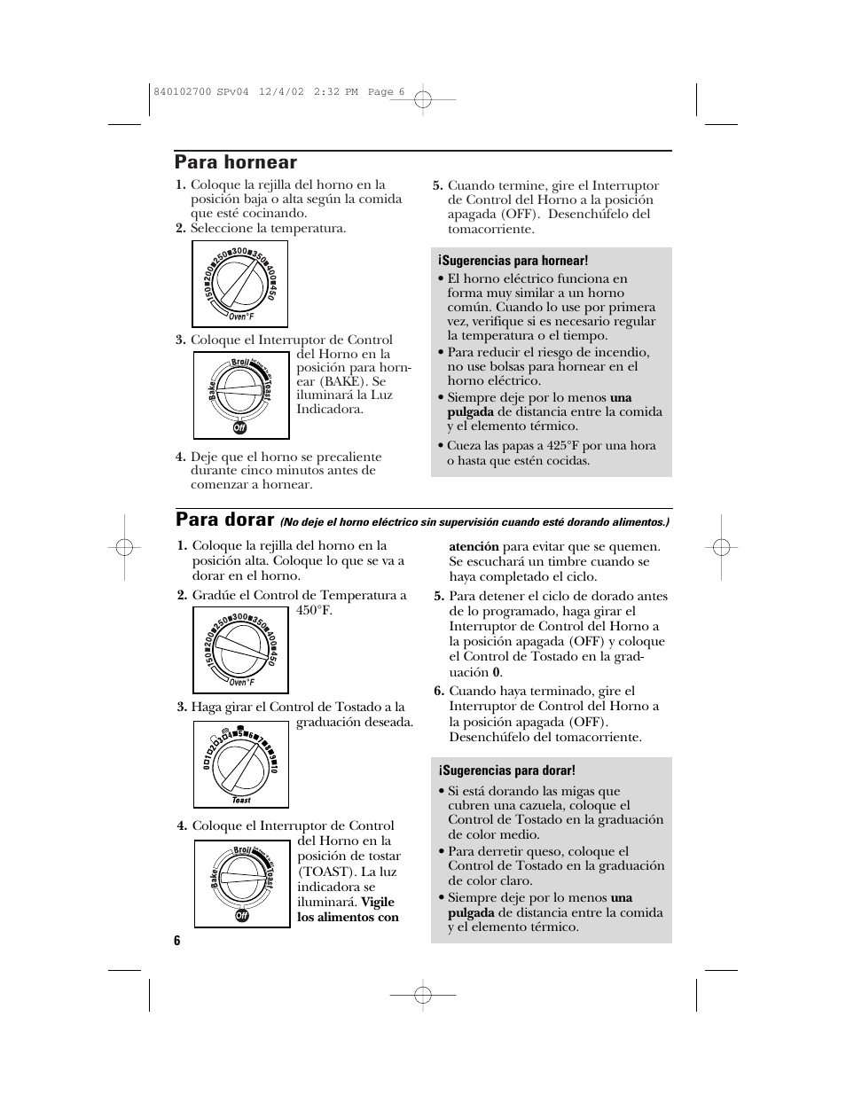 Para hornear, Para dorar | GE 106686 User Manual | Page 18 / 24