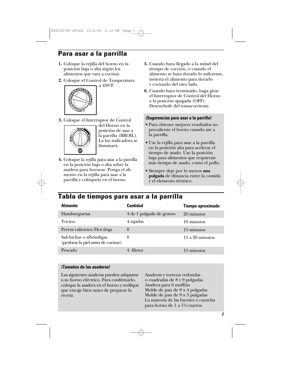 Tabla de tiempos para asar a la parrilla, Para asar a la parrilla | GE 106686 User Manual | Page 19 / 24