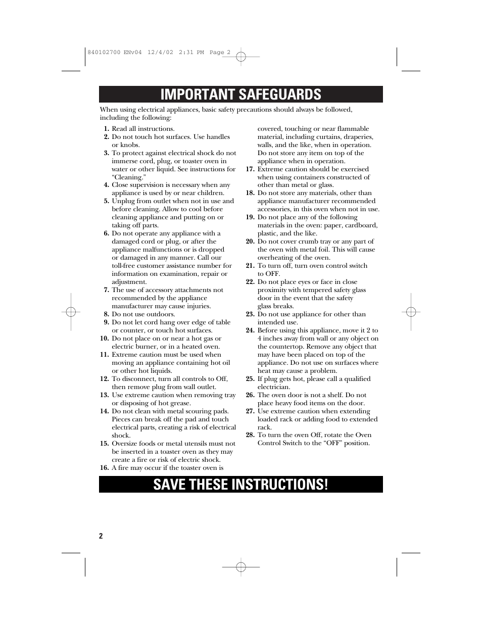 Important safeguards, Save these instructions | GE 106686 User Manual | Page 2 / 24