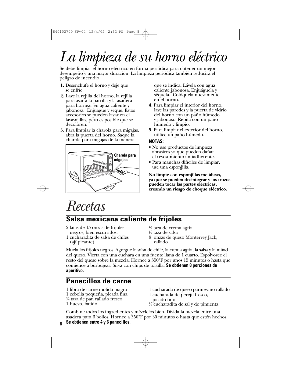 Recetas, La limpieza de su horno eléctrico, Salsa mexicana caliente de frijoles | Panecillos de carne | GE 106686 User Manual | Page 20 / 24