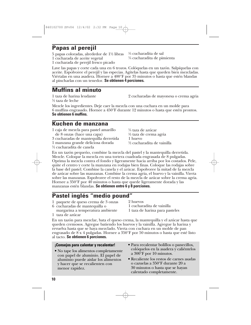 Papas al perejil, Muffins al minuto, Kuchen de manzana | Pastel inglés “medio pound | GE 106686 User Manual | Page 22 / 24