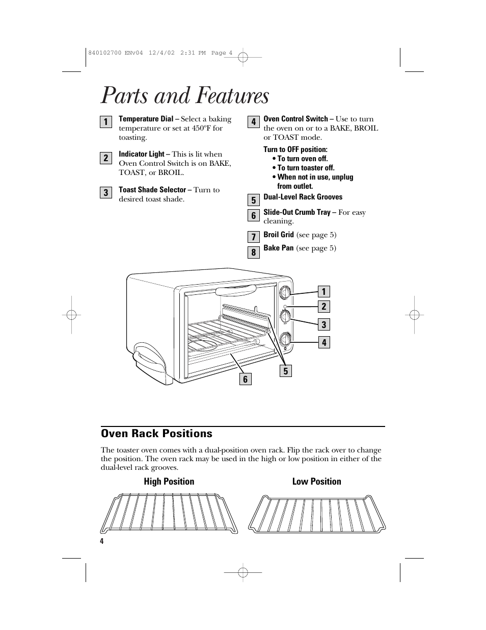 Parts and features | GE 106686 User Manual | Page 4 / 24