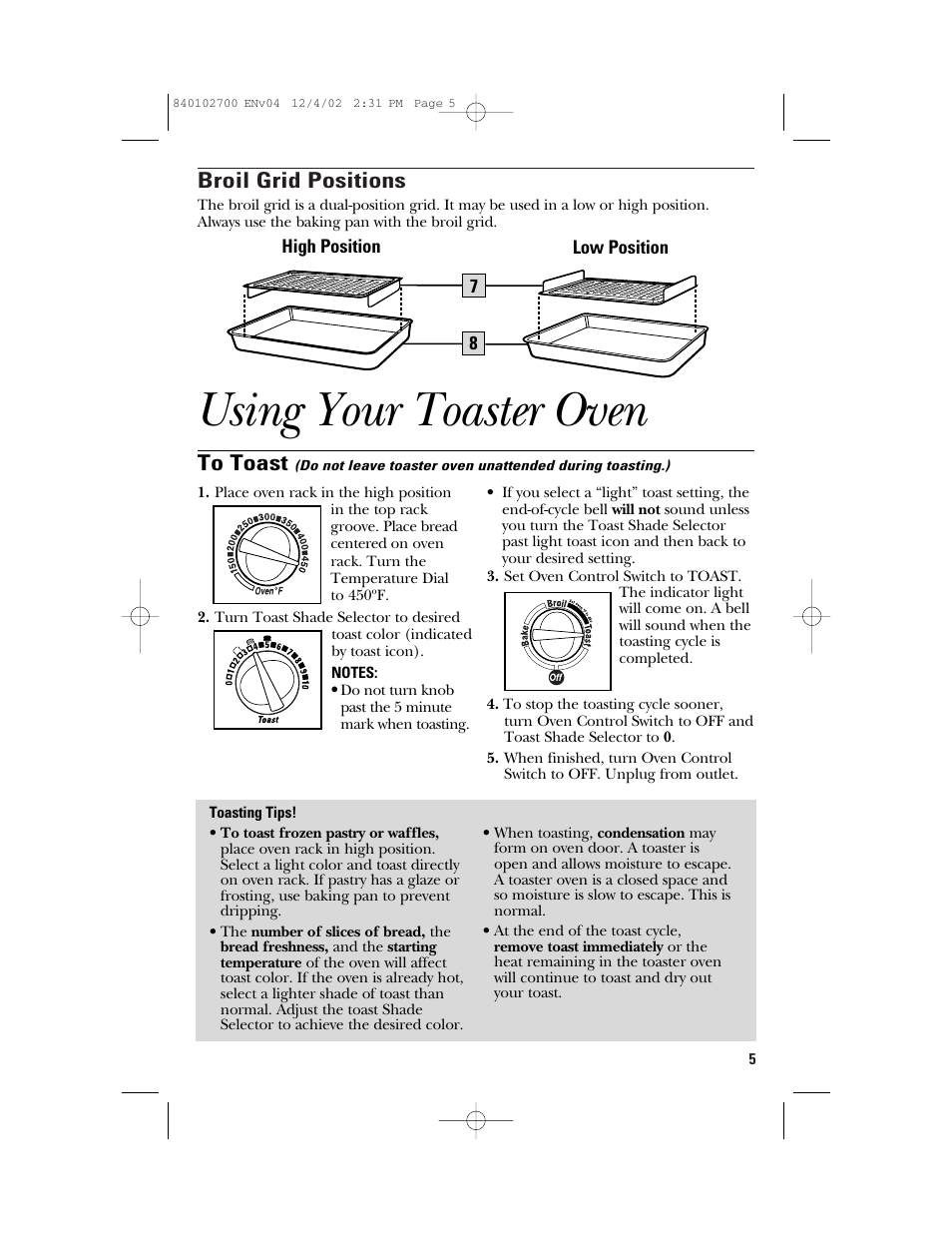 Using your toaster oven, Broil grid positions | GE 106686 User Manual | Page 5 / 24