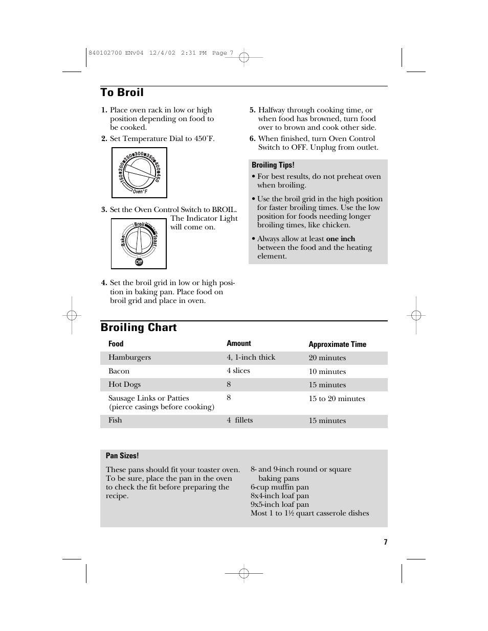 Broiling chart | GE 106686 User Manual | Page 7 / 24