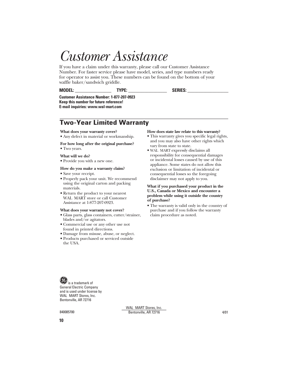 Customer assistance, Two-year limited warranty | GE 106582 User Manual | Page 10 / 20