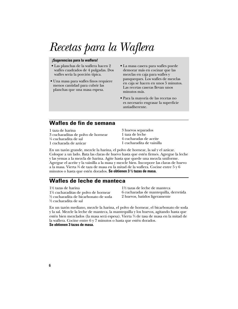 Recetas para la waflera, Wafles de fin de semana, Wafles de leche de manteca | GE 106582 User Manual | Page 16 / 20