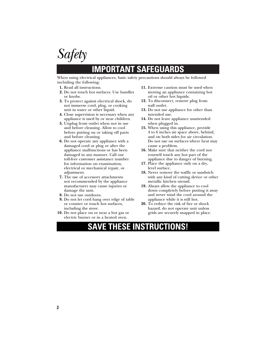 Safety, Important safeguards save these instructions | GE 106582 User Manual | Page 2 / 20