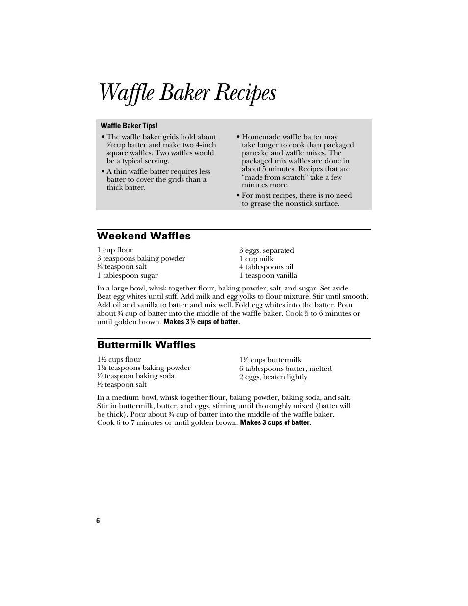 Waffle baker recipes, Weekend waffles, Buttermilk waffles | GE 106582 User Manual | Page 6 / 20