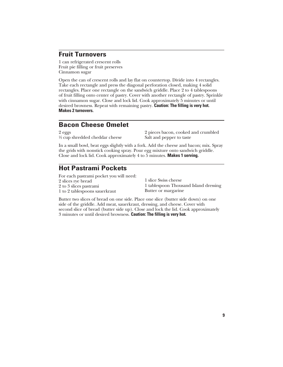 Fruit turnovers, Bacon cheese omelet, Hot pastrami pockets | GE 106582 User Manual | Page 9 / 20