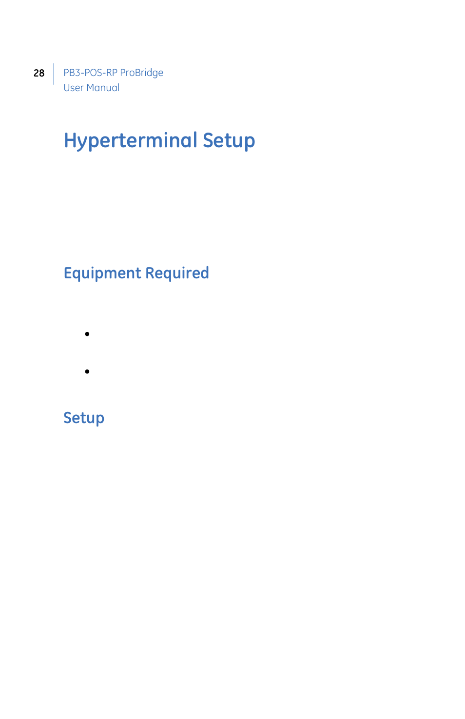 Yperterminal, Etup, Quipment | Equired, Hyperterminal setup, Equipment required, Setup | GE PB3-POS-RP User Manual | Page 28 / 48