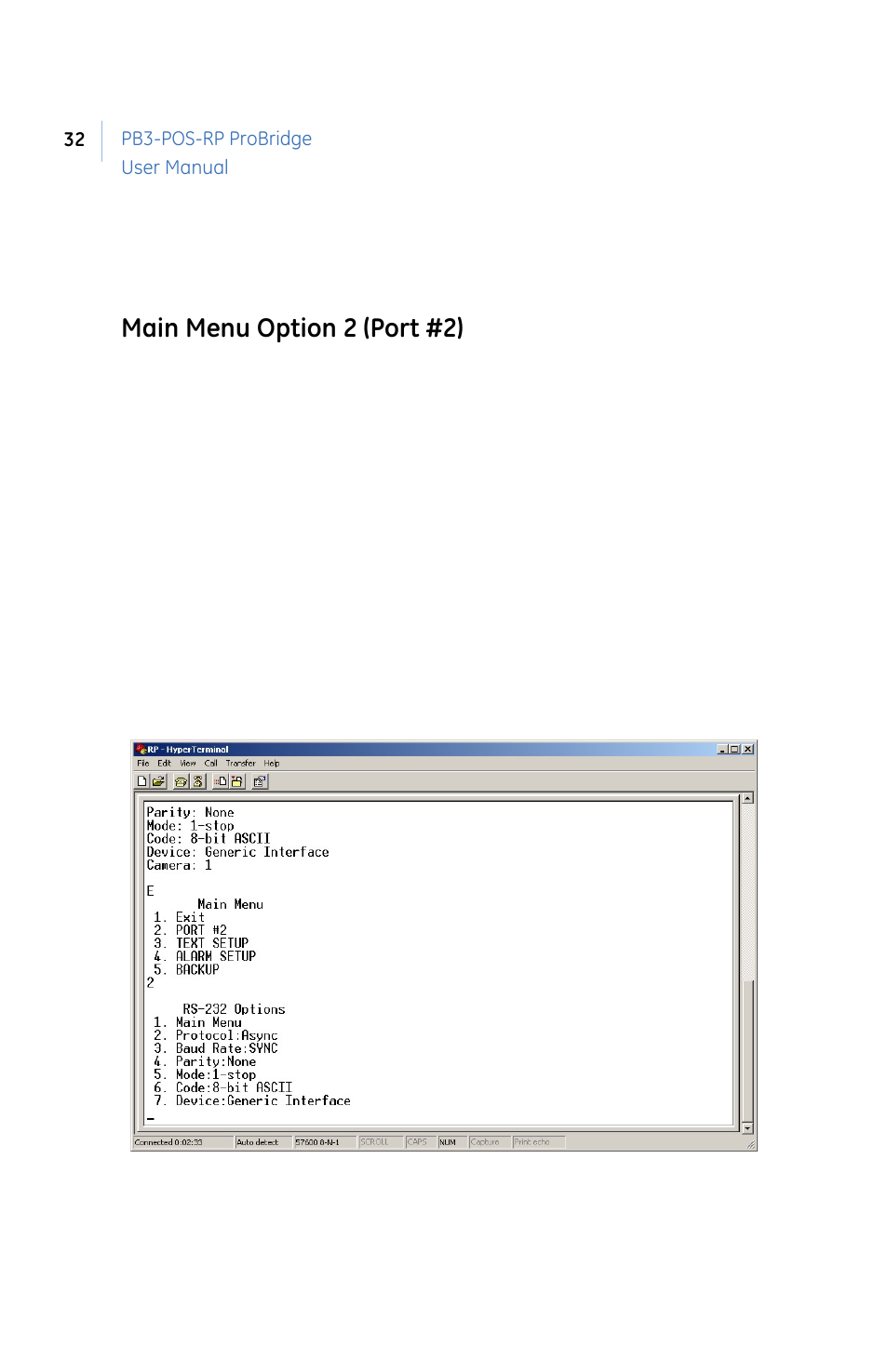 Main menu option 2 (port #2) | GE PB3-POS-RP User Manual | Page 32 / 48