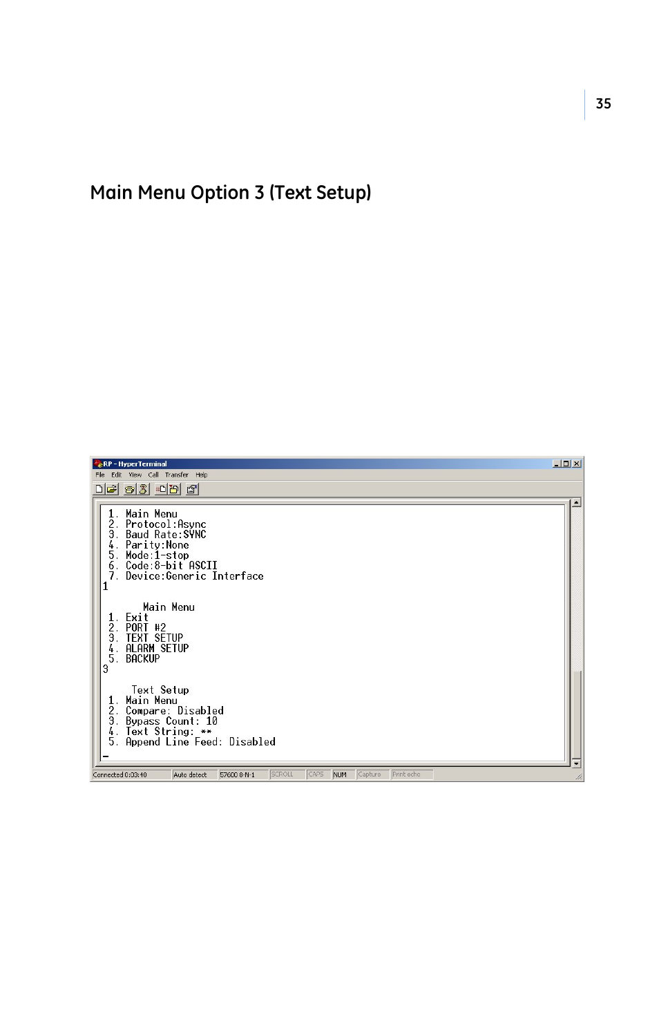 Main menu option 3 (text setup) | GE PB3-POS-RP User Manual | Page 35 / 48