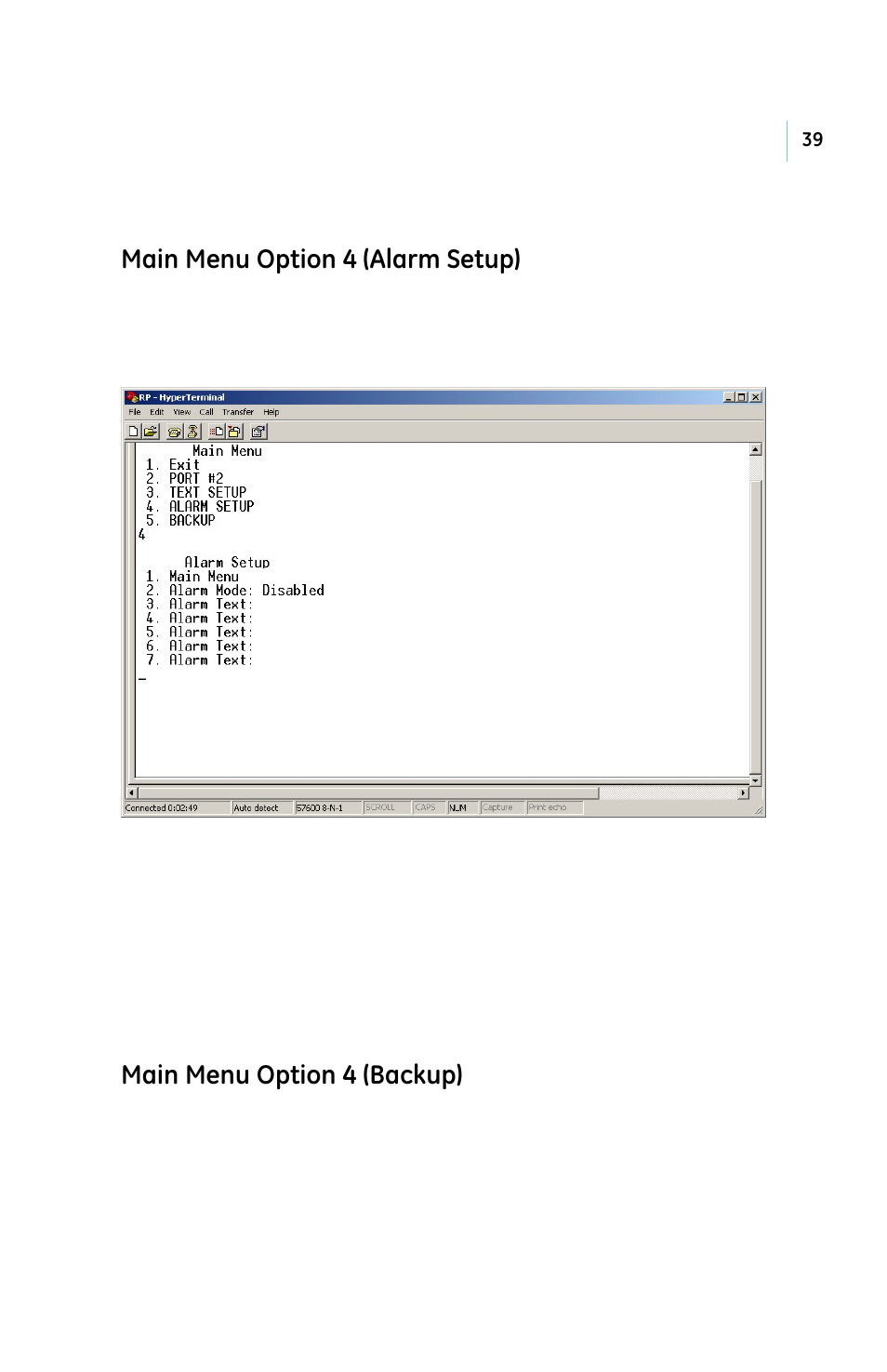 Main menu option 4 (alarm setup), Main menu option 4 (backup) | GE PB3-POS-RP User Manual | Page 39 / 48