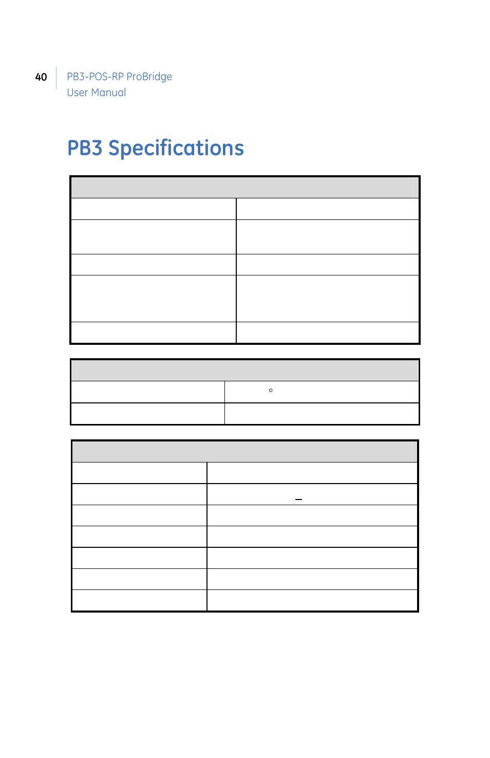 Pb3 s, Pecifications, Pb3 specifications | GE PB3-POS-RP User Manual | Page 40 / 48