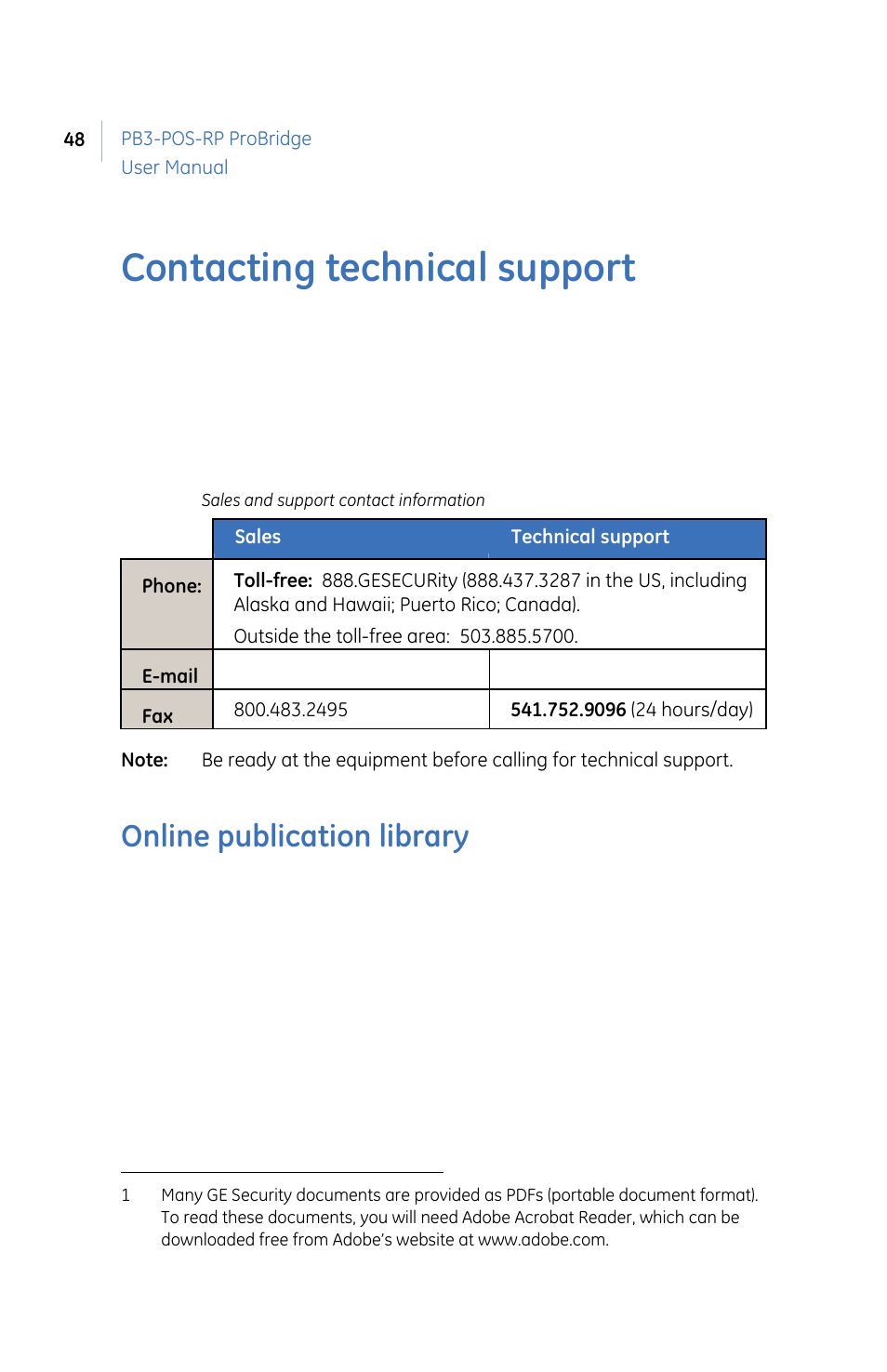 Ontacting technical support, Nline publication library, Contacting technical support | Online publication library | GE PB3-POS-RP User Manual | Page 48 / 48