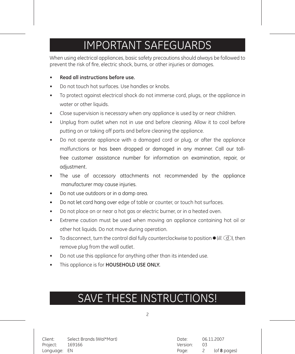 Important safeguards, Save these instructions | GE 169166 User Manual | Page 2 / 8