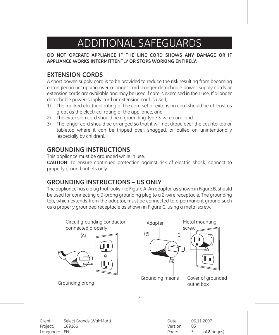 Additional safeguards, Extension cords, Grounding instructions | Grounding instructions – us only | GE 169166 User Manual | Page 3 / 8