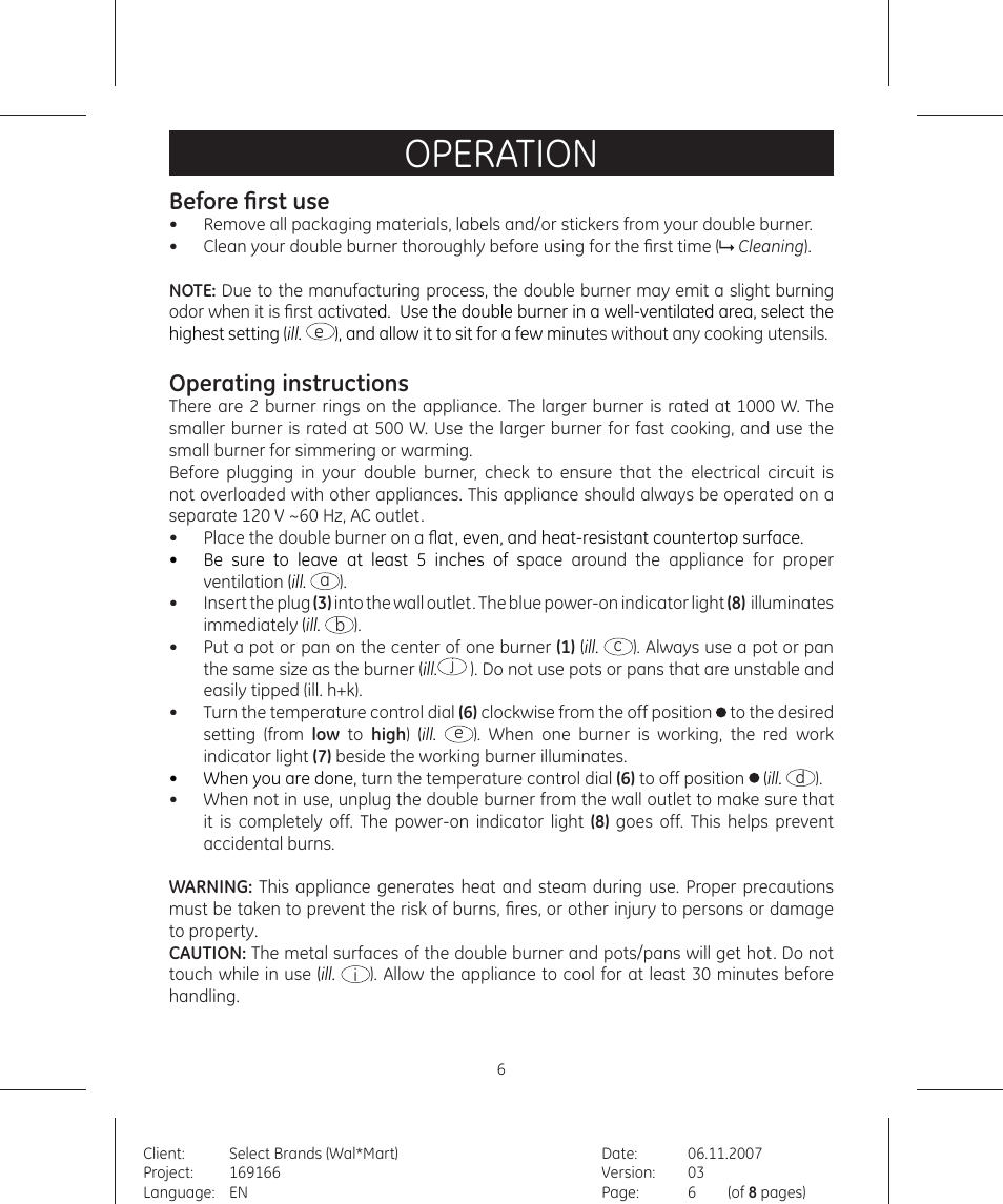 Operation, Before first use, Operating instructions | GE 169166 User Manual | Page 6 / 8