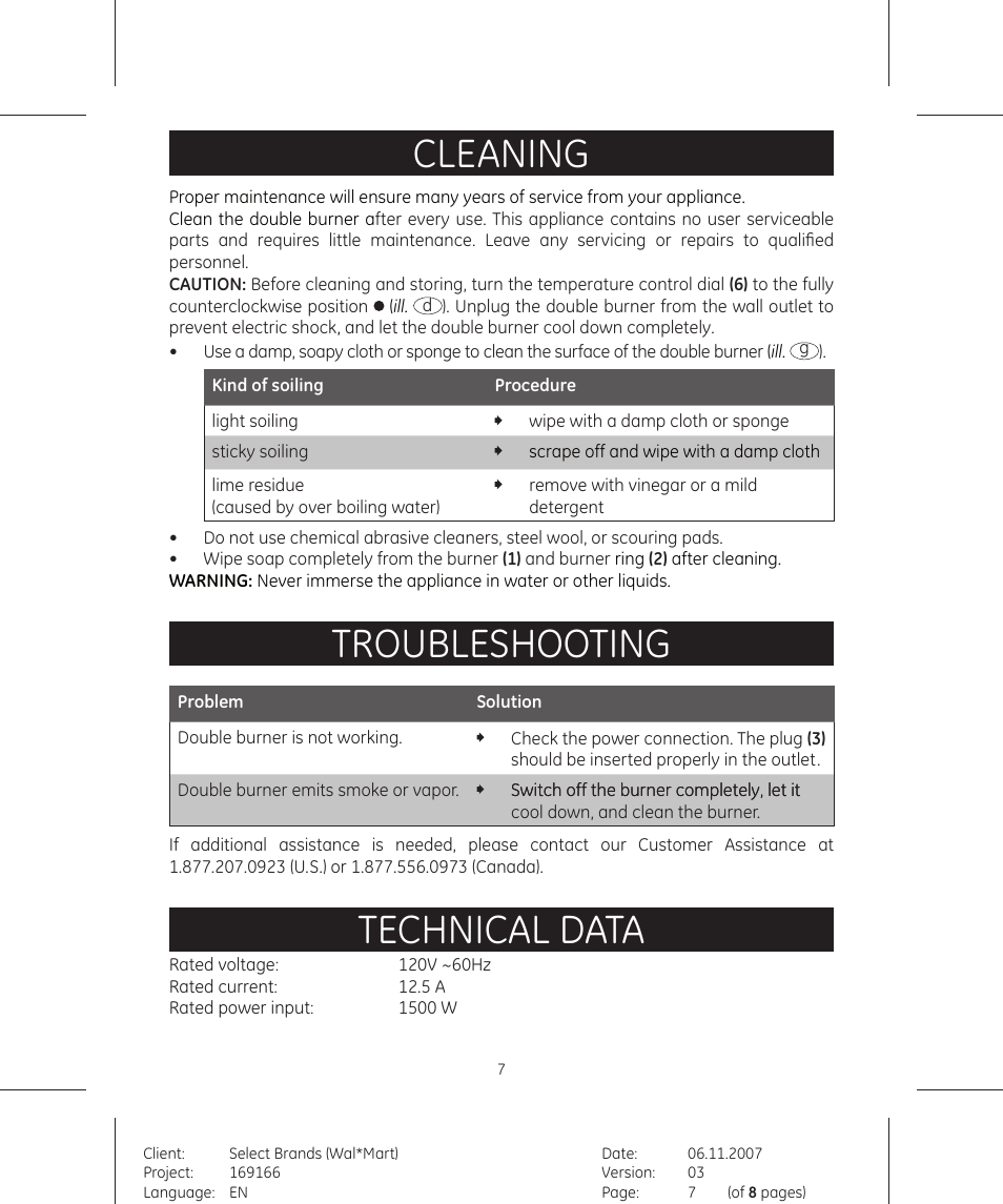 Cleaning, Troubleshooting, Technical data | GE 169166 User Manual | Page 7 / 8