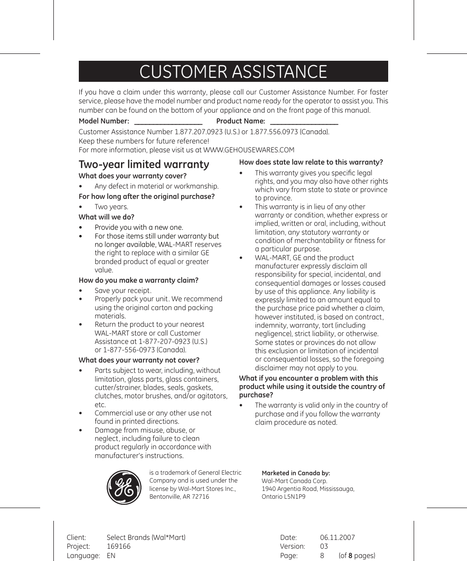 Customer assistance, Two-year limited warranty | GE 169166 User Manual | Page 8 / 8
