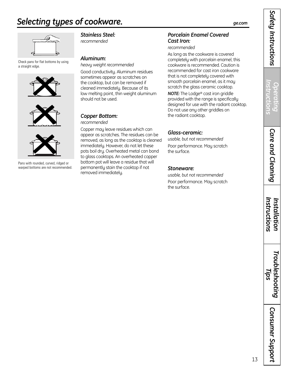 Selecting types of cookware | GE CS980 User Manual | Page 13 / 60