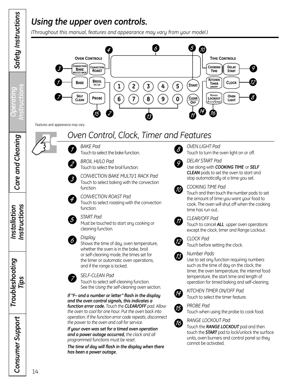 Oven controls, Using the upper oven controls, Oven control, clock, timer and features | GE CS980 User Manual | Page 14 / 60