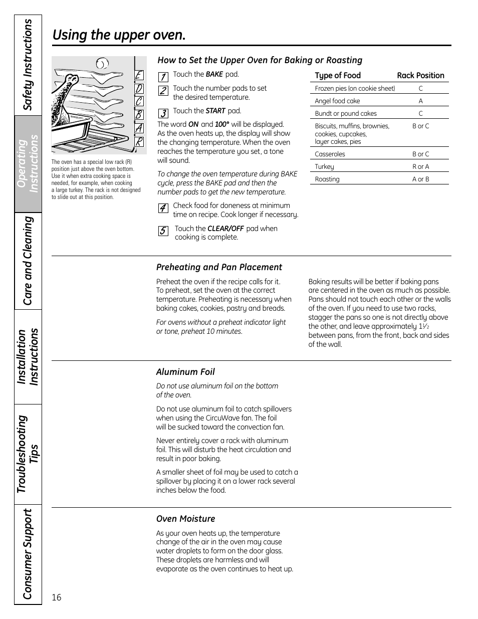 Aluminum foil, Baking or roasting, Preheating | Aluminum foil baking or roasting, Using the upper oven | GE CS980 User Manual | Page 16 / 60