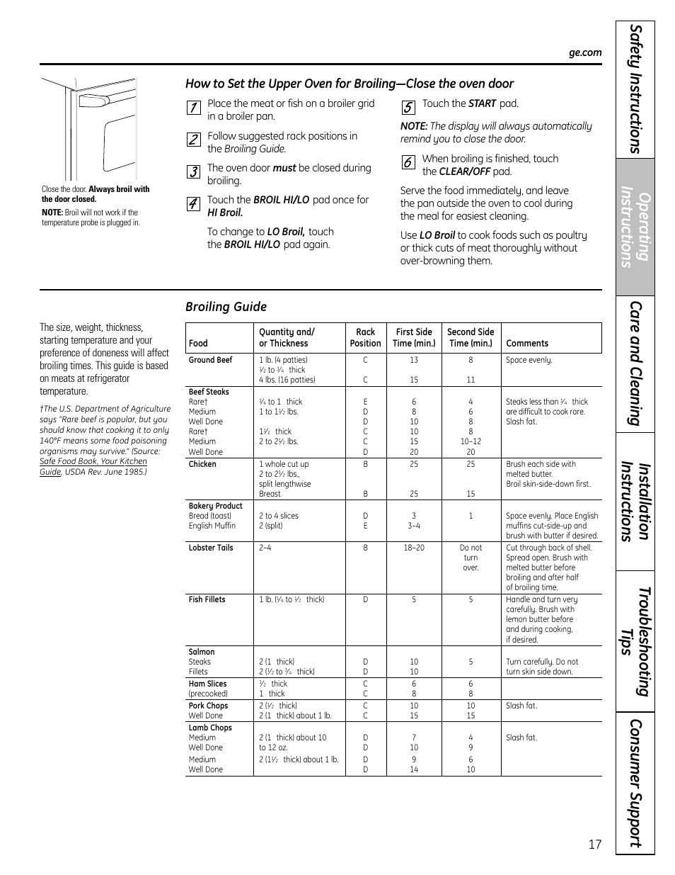 Broiling guide | GE CS980 User Manual | Page 17 / 60