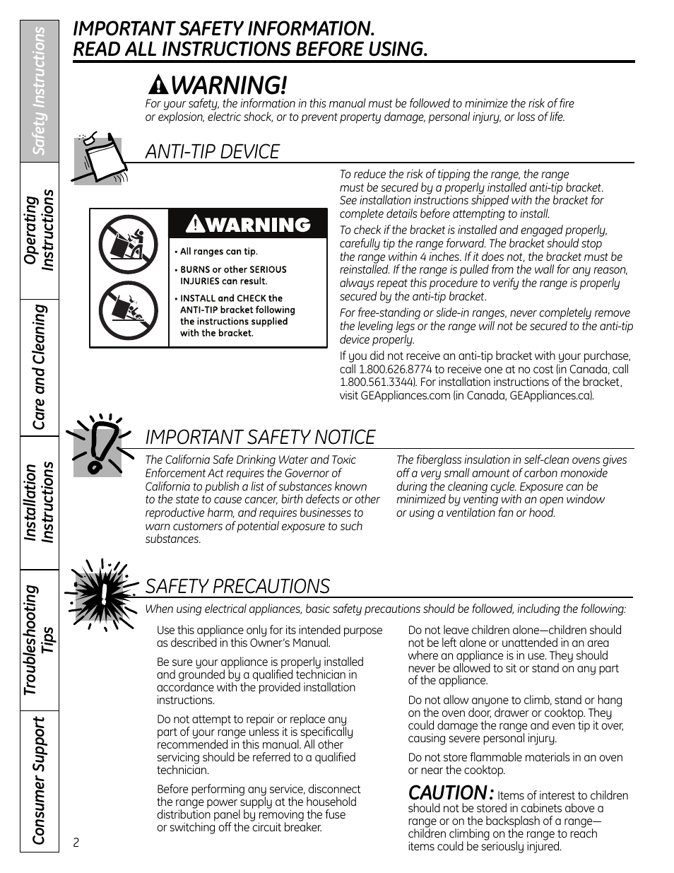 Safety instructions, Warning, Important safety notice | Caution, Safety precautions, Anti-tip device | GE CS980 User Manual | Page 2 / 60