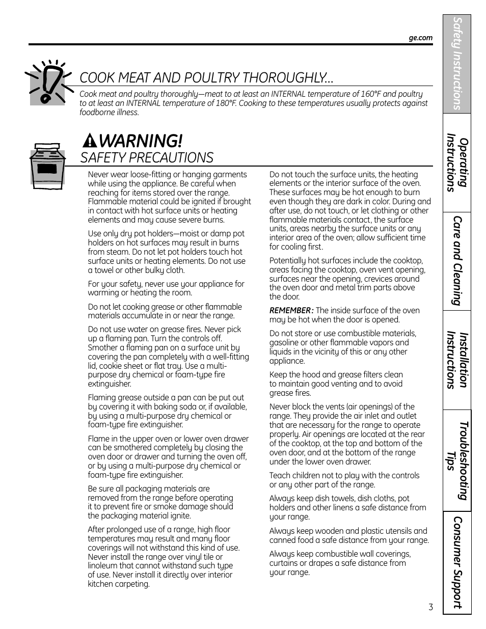 Warning, Cook meat and poultry thoroughly, Safety precautions | GE CS980 User Manual | Page 3 / 60