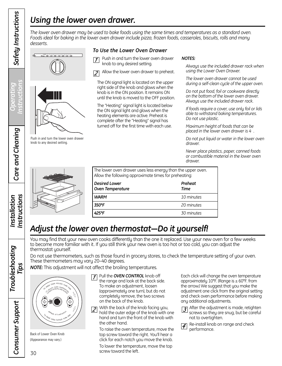 Lower oven drawer, Using the lower oven drawer, Adjust the lower oven thermostat—do it yourself | GE CS980 User Manual | Page 30 / 60