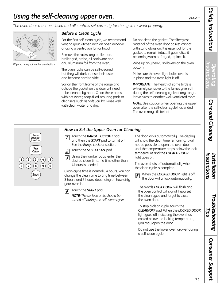 Self-cleaning, Self-cleaning , 32, Using the self-cleaning upper oven | GE CS980 User Manual | Page 31 / 60